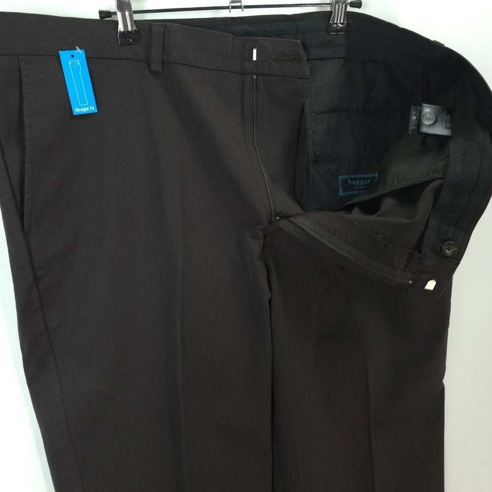Haggar Men Dress Pants 42x32 Brown Textured Straight Fit Flat Front Classic